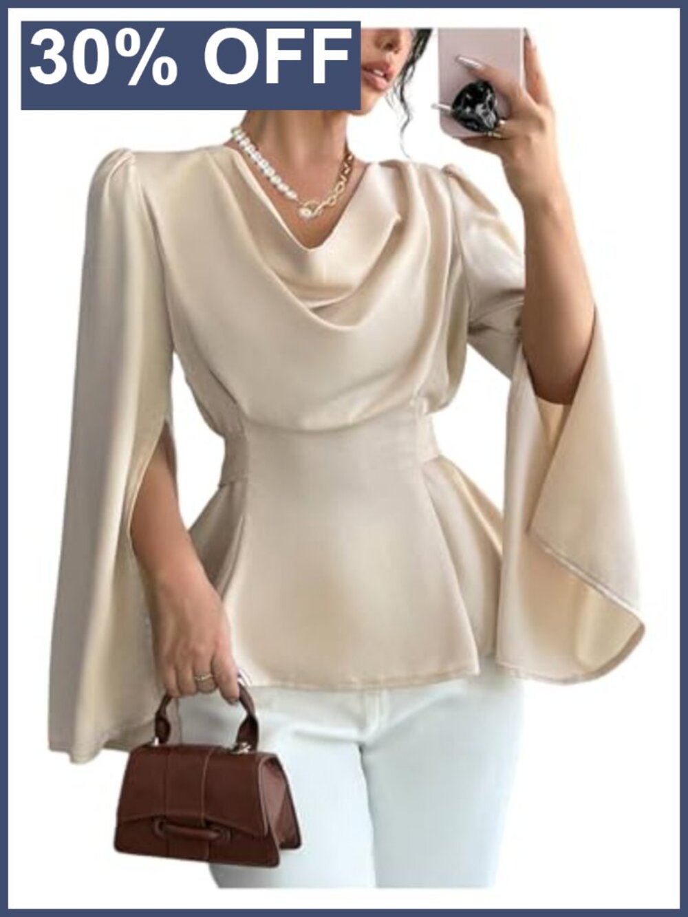 Satin Cowl Neck Long Sleeve Blouse Ruffle Peplum Bow Tie Back